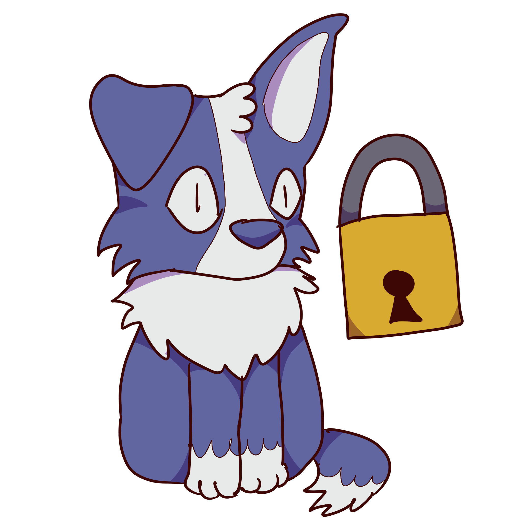 blue dog sitting rigidly next to a brass lock